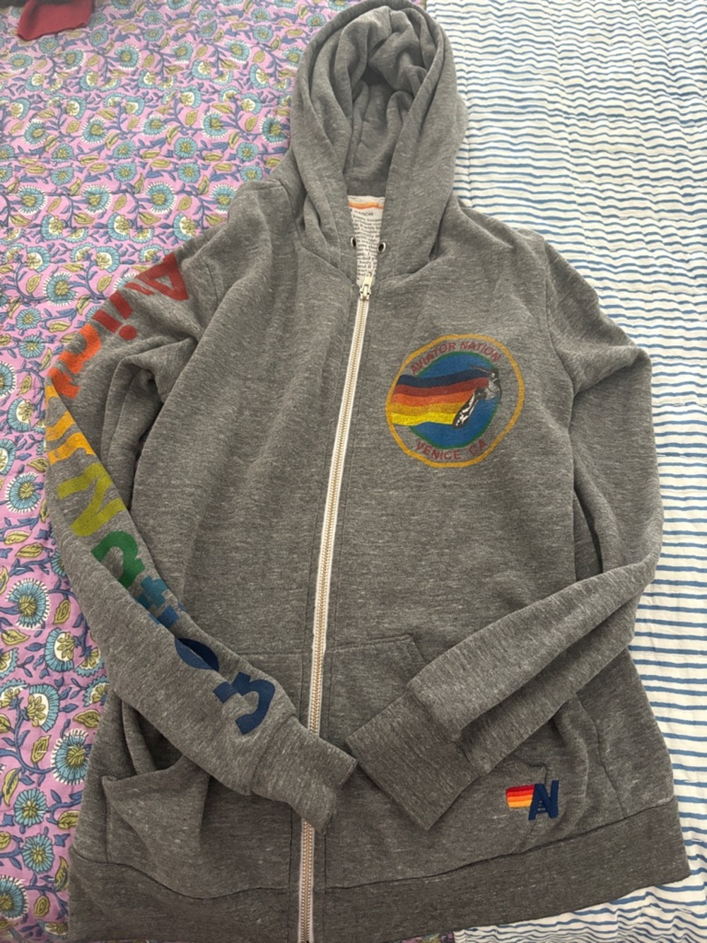 Aviator Nation Gray Zip Hoodie with Rainbow Logo and Sleeve Print